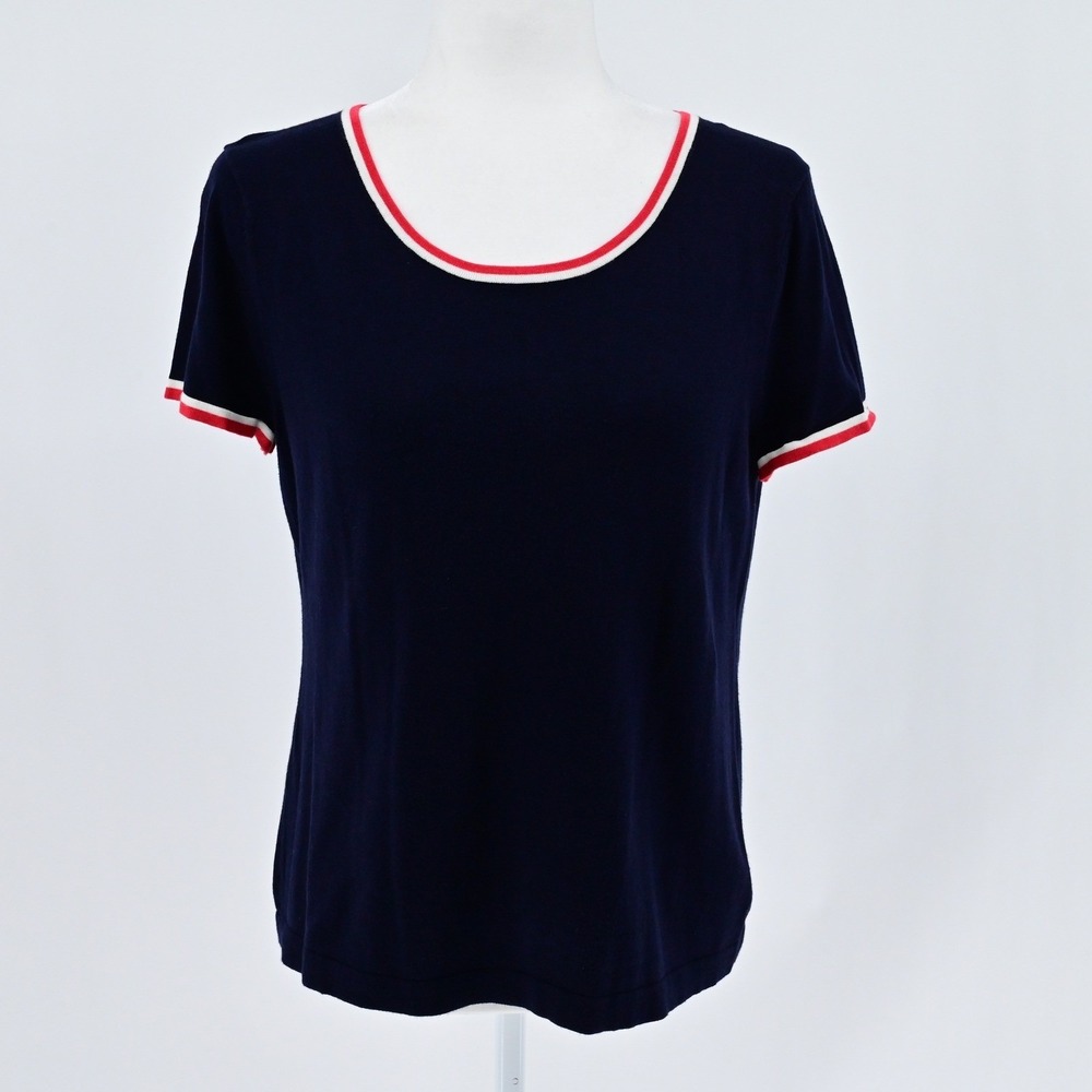 Talbots Preppy Navy Blue Red White Striped Trim Cardigan Shell Twin Set Luxe - Picture 13 of 16